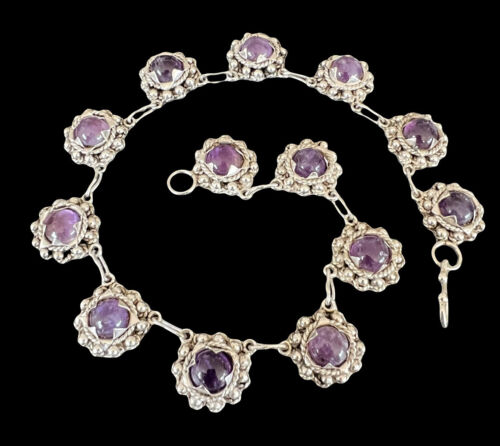 Taxco Mexico Sterling Silver Amethyst Art Nouveau Statement Necklace 76g
