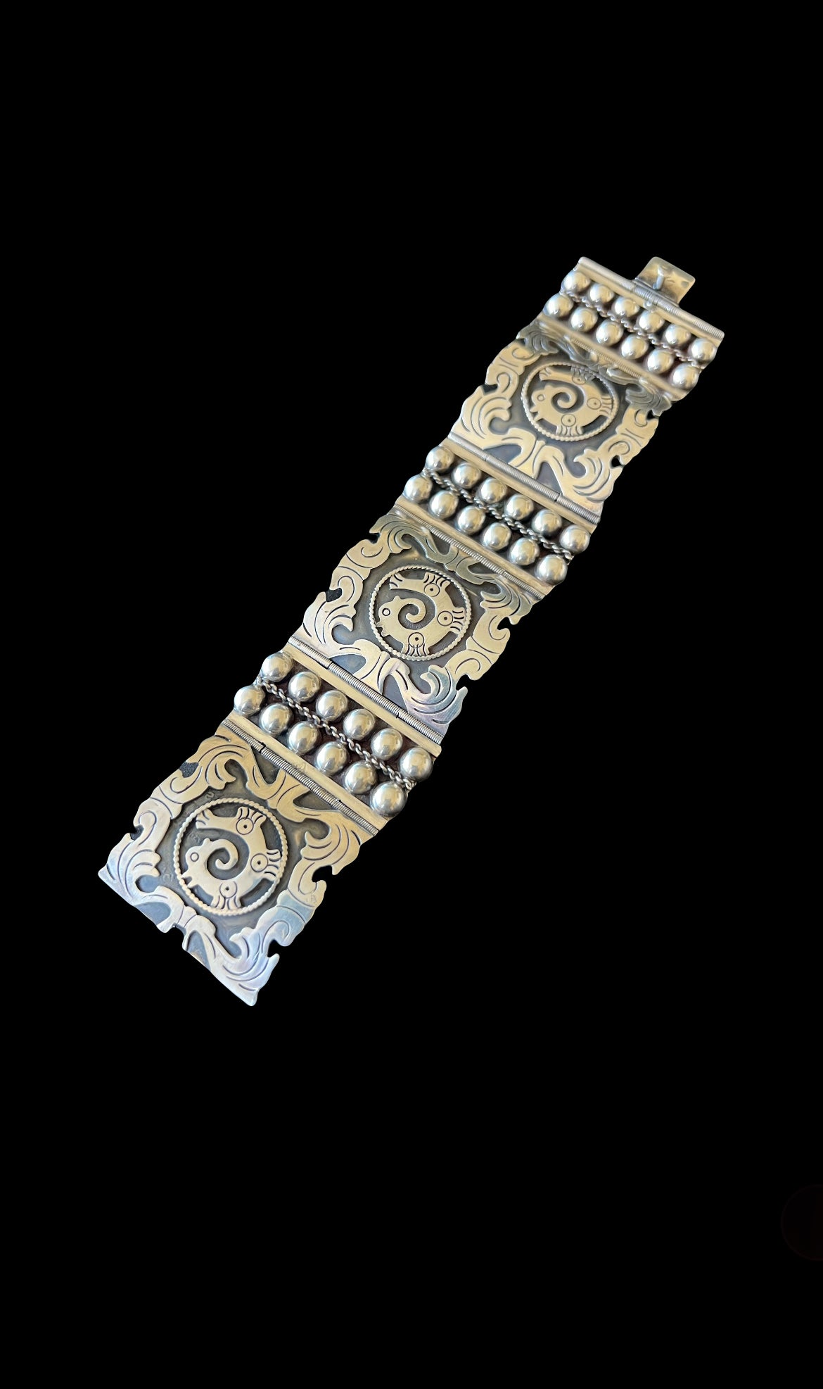Los Ballesteros Taxco Mexico Sterling Silver Wide Panel Bracelet Aztec Motif
