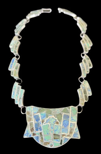 Vintage Taxco Mexico Sterling Silver Azurite Inlaid Mosaic Necklace