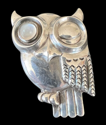 Antonio Pineda Taxco Mexico Sterling Silver Moonstone Owl Pin Brooch RARE