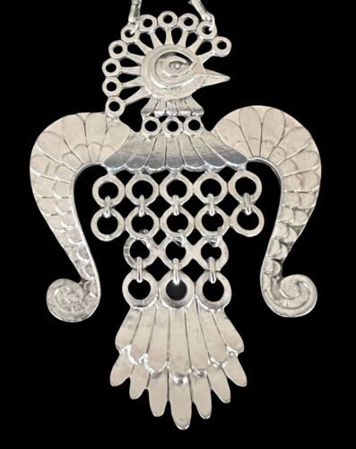 Coro Vintage Tribal Silver Aztec Bird Phoenix Necklace Ca. 1950s