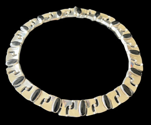 Taxco Mexico 980 Silver Onyx Modernist Choker Collar Puzzle Necklace 159g