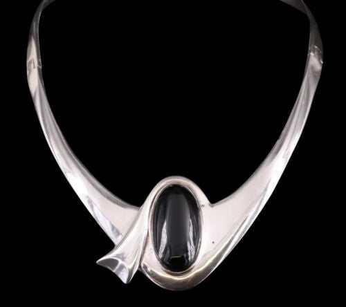 Alicia de la Paz Taxco Mexico 950 Silver Obsidian Modernist Collar Necklace 114g