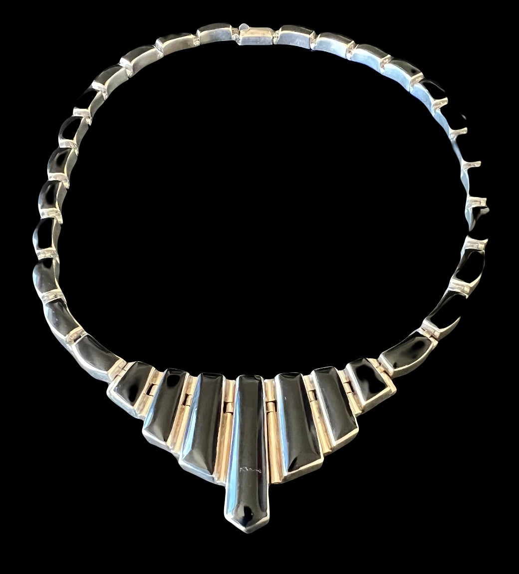 Antonio Pineda Style Taxco Mexico 970 Silver Onyx Modernist Bib Necklace 83g