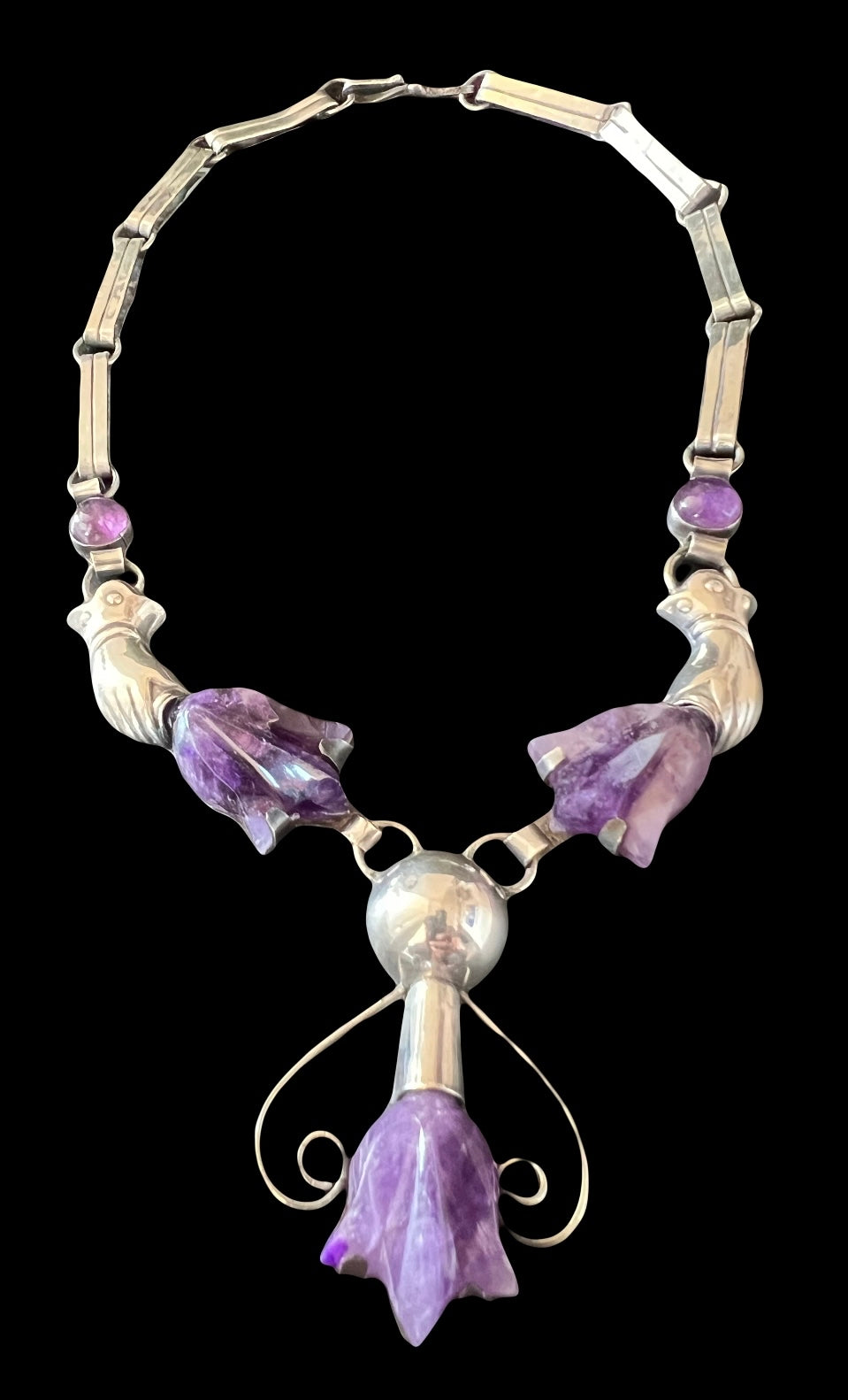 William Spratling Design Taxco Mexico Sterling Silver Amethyst Tulips Hands Necklace 86g