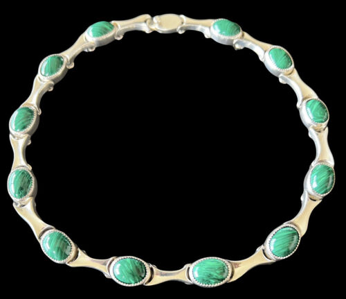 Vintage Taxco Mexico Sterling Silver Malachite Link Collar Necklace 132g
