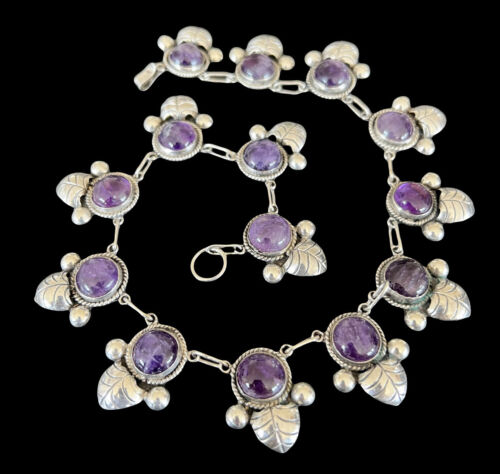 Taxco Mexico 980 Silver Amethyst Floral Panel Link Necklace