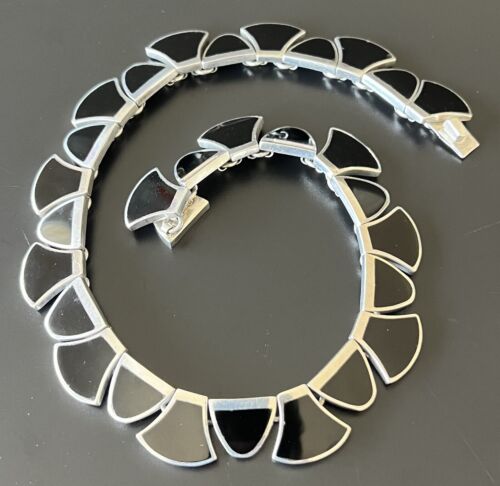 Vintage Taxco Mexico 950 Silver Obsidian Modernist Panel Link Collar Necklace 138g