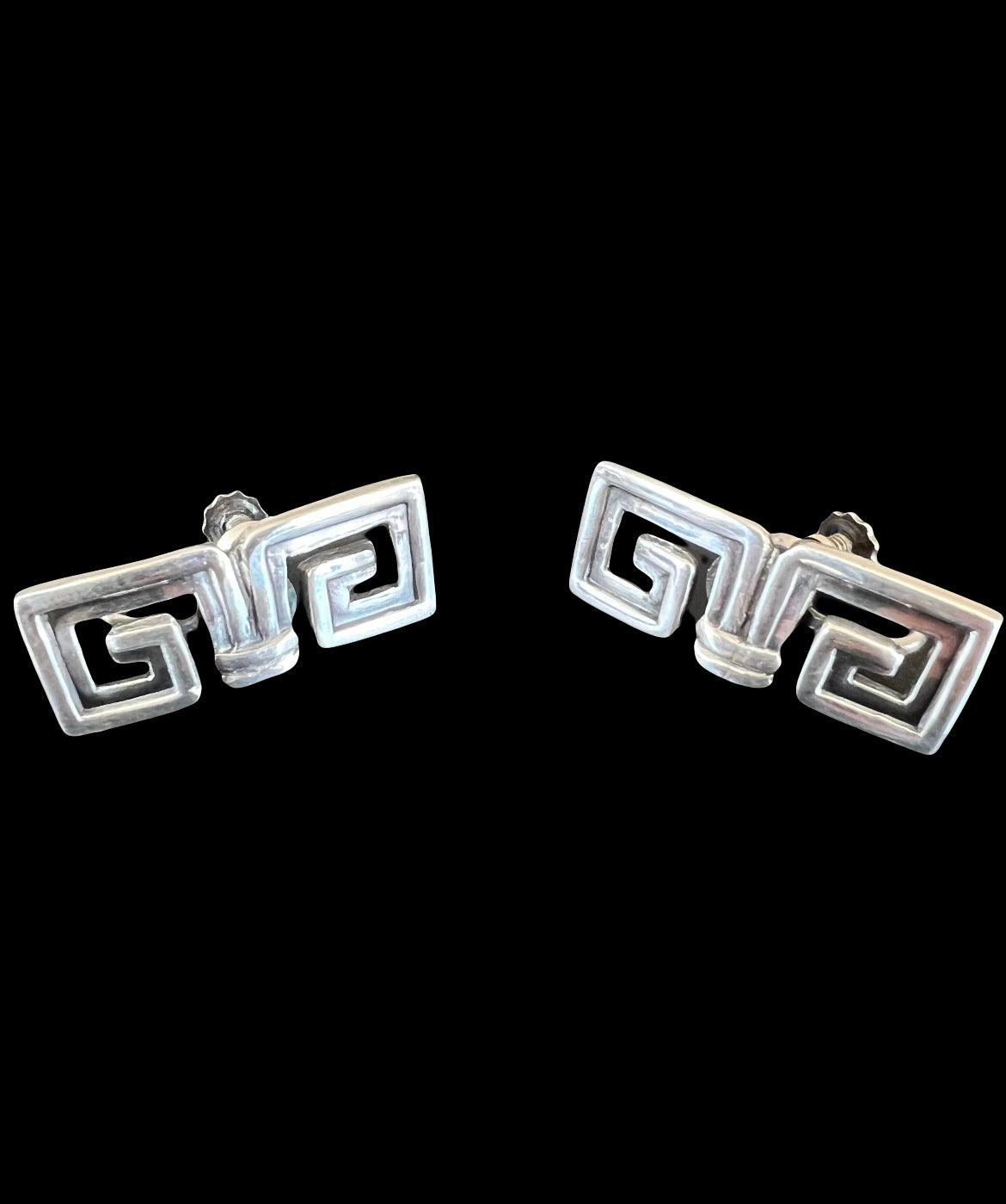Margot de Taxco Mexican Art Deco Sterling Silver Pre Colombian Greek Key Earrings No. 5112