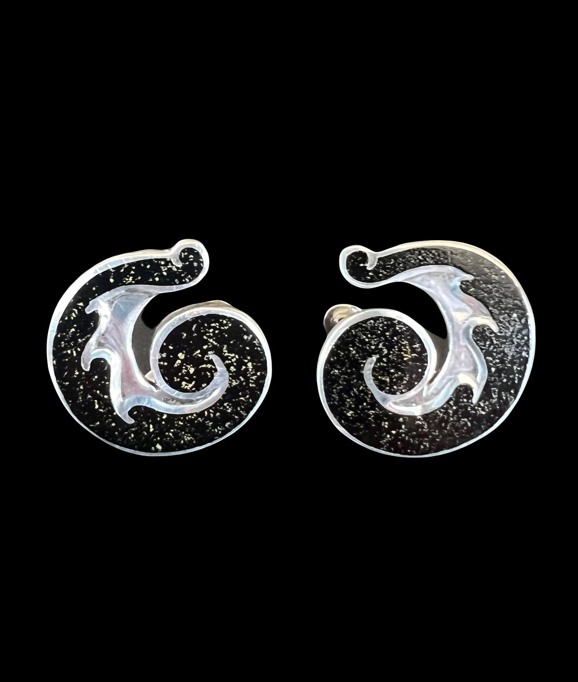 Margot de Taxco Sterling Silver Black Enamel Floral Spiral Earrings No. 5384