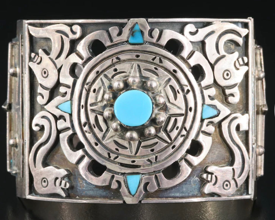 Vintage Mexican Taxco Sterling Silver Turquoise Hinged Cuff Bracelet