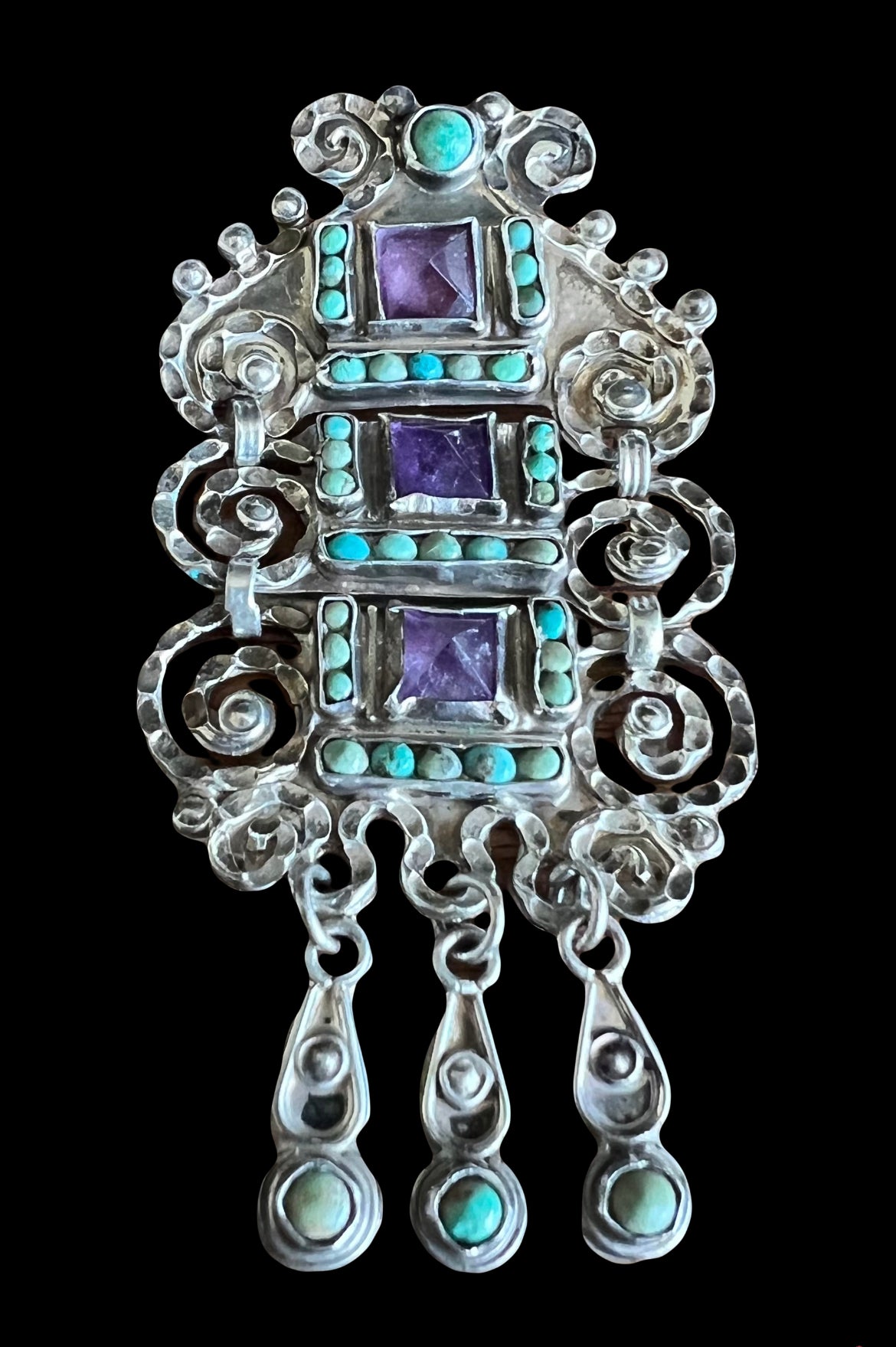 Matilde Poulat MATL Taxco Mexico Sterling Silver Turquoise Amethyst Brooch Pin