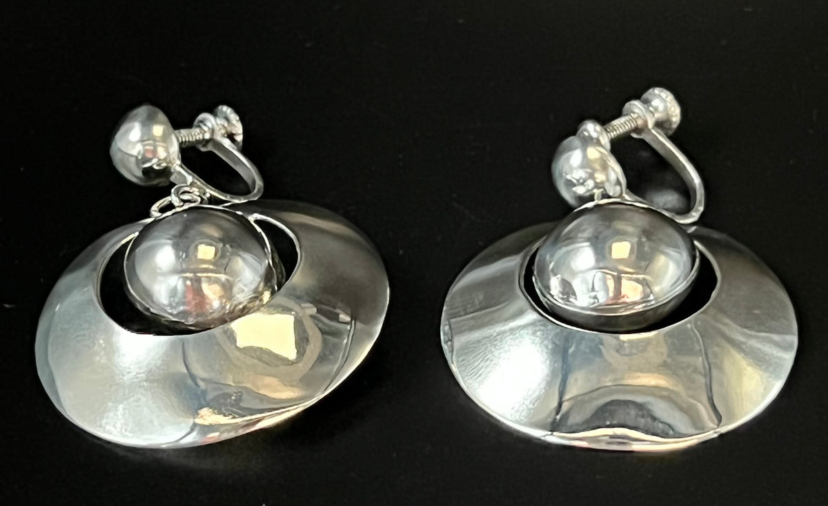 William Spratling Mexican Modernist Silver Taxco Ball Hoop Screw back Earrings Circa 1940s