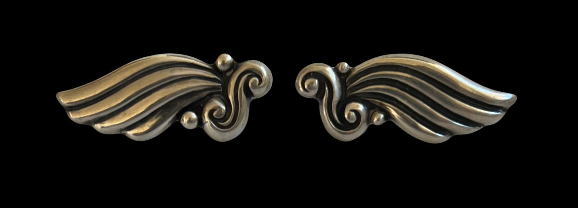 Margot de Taxco Mexico Sterling Silver Wings Repousse Earrings #5120 Circa 1950s