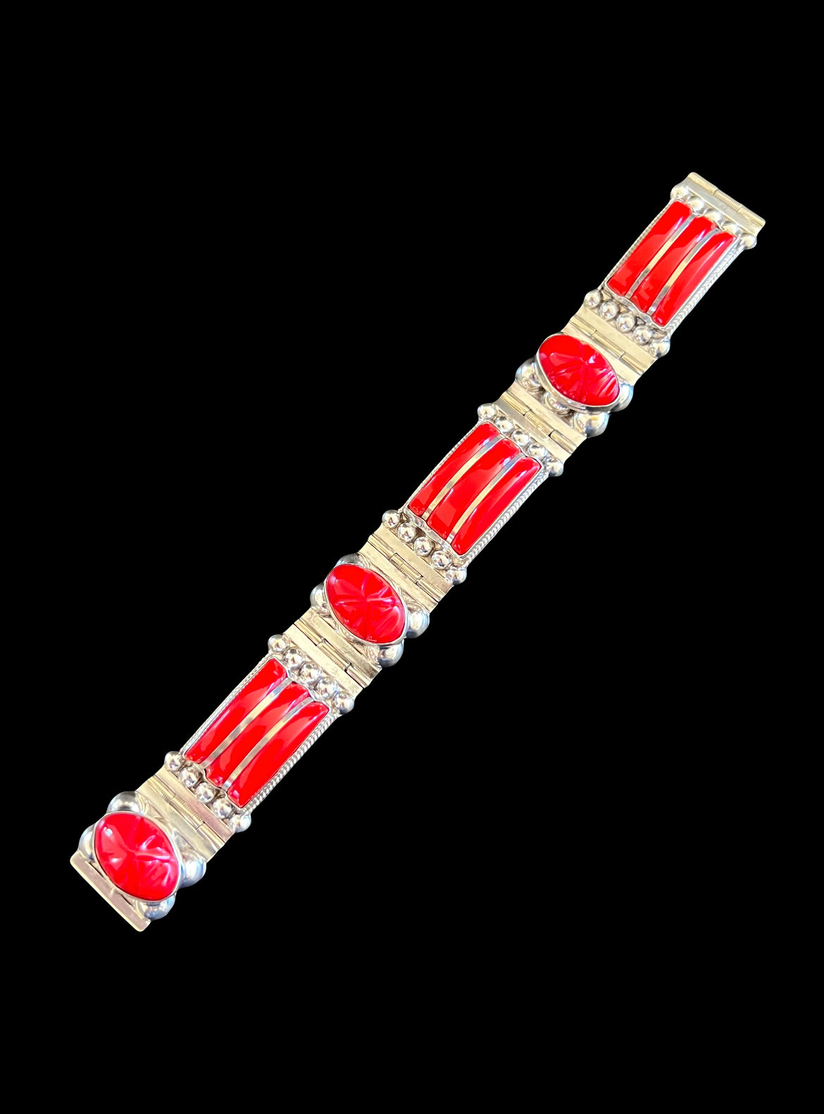 Taxco Mexico Sterling Silver Red Coral Mask Bracelet