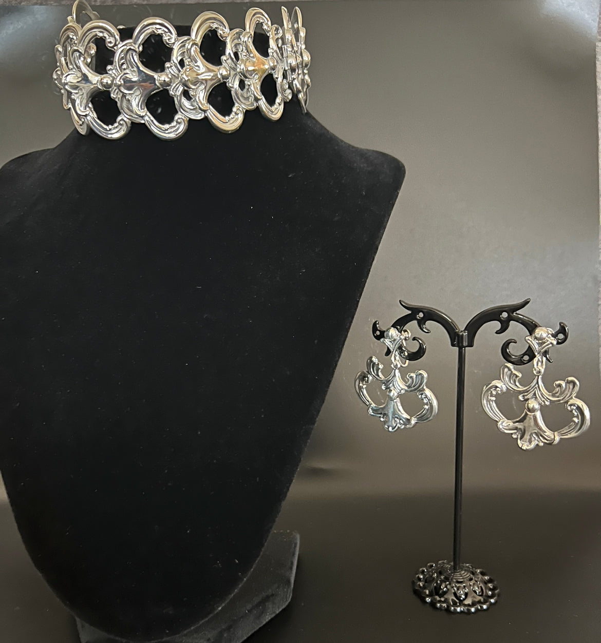 Margot De Taxco Sterling Silver Repousse Bracelet and Earrings Set Design #5513