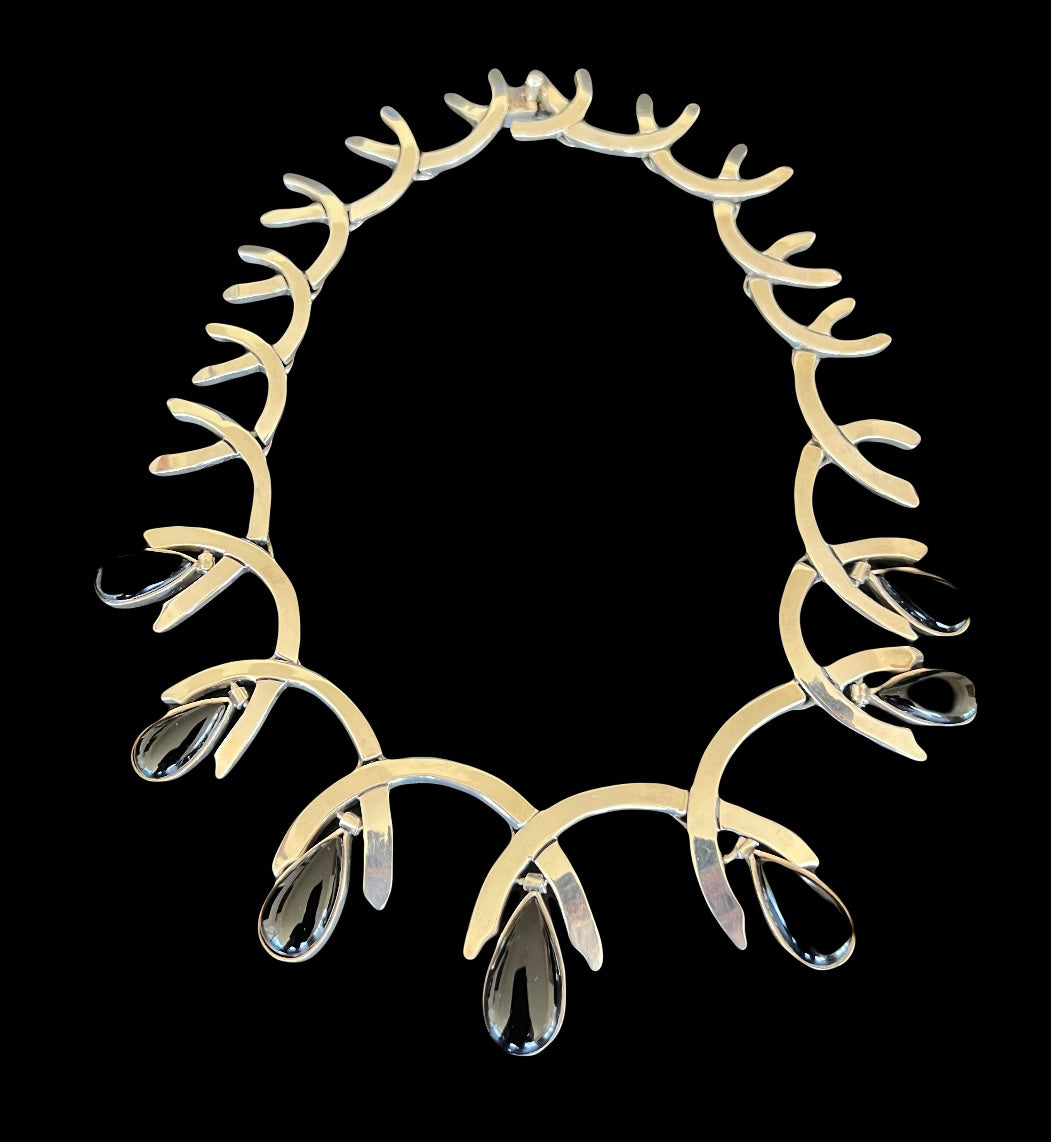 Antonio Pineda Design Taxco Mexico Silver Onyx Modernist Teardrop Necklace