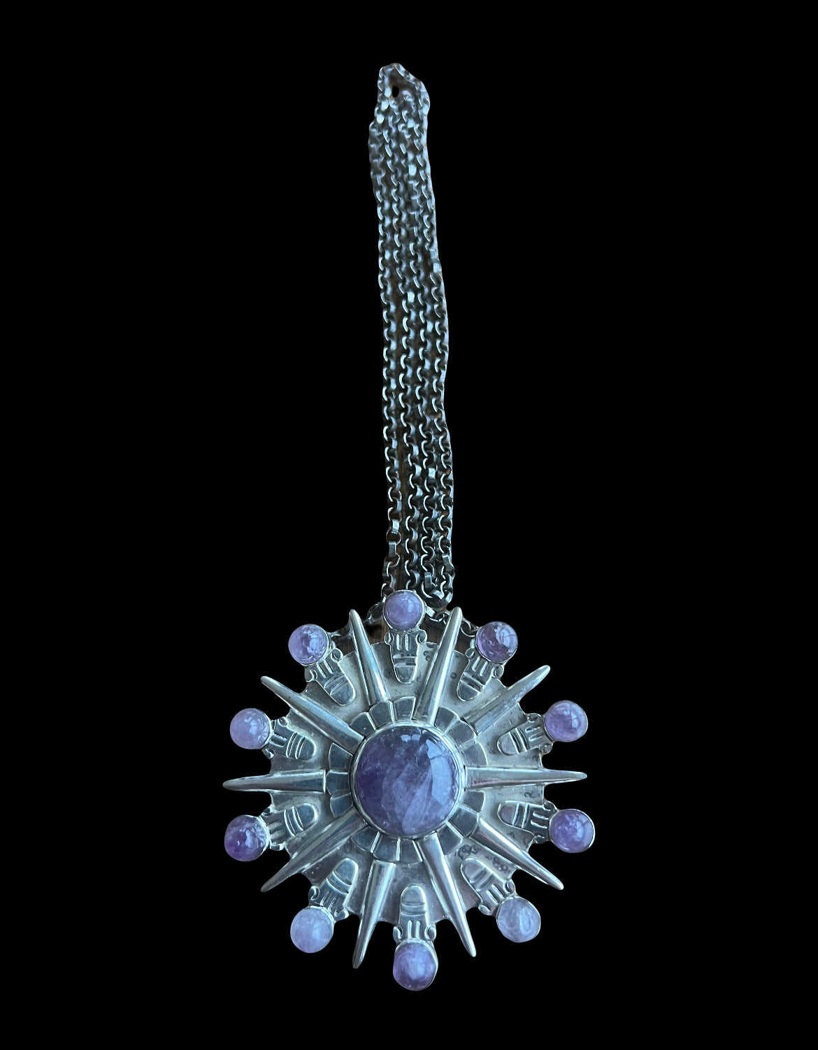 William Spratling LARGE Taxco Mexico Sterling Silver Amethyst Sunburst Necklace ca. 1940s