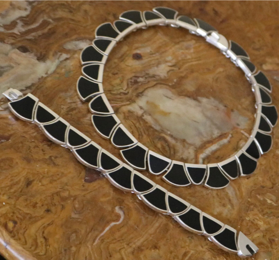 Vintage Taxco Mexico 950 Silver & Black Obsidian Modernist Panel Link Collar Necklace and Bracelet Set