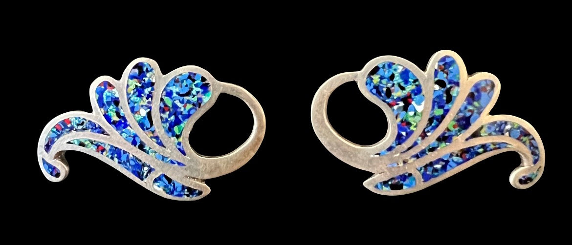 Margot de Taxco Mexican Sterling Silver Blue Melange Enamel Curved Leaf Earrings #5626